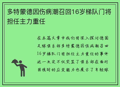 多特蒙德因伤病潮召回16岁梯队门将担任主力重任