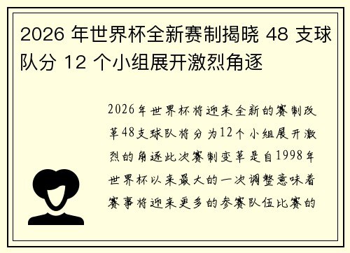 2026 年世界杯全新赛制揭晓 48 支球队分 12 个小组展开激烈角逐 2026 年世界杯全新赛制揭晓 48 支球队分 12 个小组展开激烈角逐